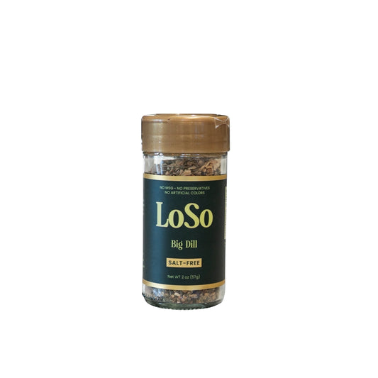 A clear glass spice jar with a brown plastic lid, filled with dried herb flakes. The dark green label reads “LoSo Big Dill” in large yellow lettering, with “SALT-FREE” in a gold box below. Smaller text above states “NO MSG • NO PRESERVATIVES NO ARTIFICIAL COLORS” and the net weight “Net WT 2 oz (57g)” at the bottom. The jar is centered against a plain white background.